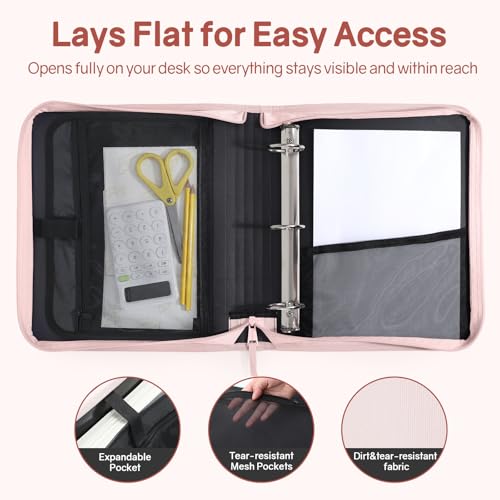 SUNEE Zippered Binder Bag with Handle, 2-Inch 3-Ring O-Ring, 500-Sheet Capacity, Includes Zip Pocket, 5-Tab Expanding File Folder, Multi-Pocket Organizer Binder for Middle School, Pink Lotus - color: Pink Lotus