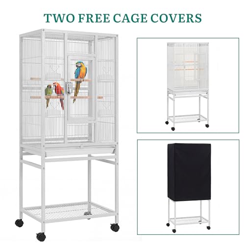 YITAHOME 53.9 inches Metal Bird Cage for Parakeets: Large Parrot Cages with Seed Catcher & Birdcage Cover with Rolling Stand & Brakes for Lovebirds Cockatiels Pigeon Finches - color: Pure White