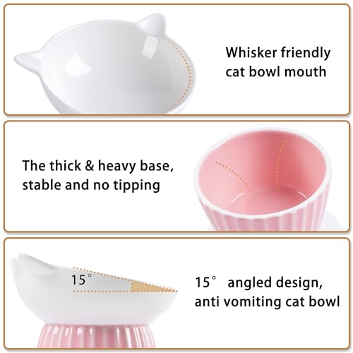 Ceramic Raised Cat Bowl，Tilted Raised Bowl Anti Vomit Bowls for Indoor Cats Whisker Friendly Pet Feeder for Cats Puppies, Microwave and Dishwasher Safe - color: Pink+Blue