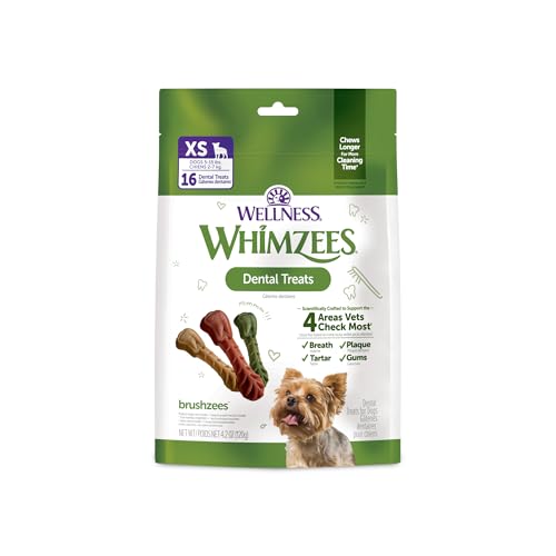 Wellness WHIMZEES Brushzees Natural Dog Dental Treat, VOHC Accepted Chews, Freshens Breath, Extra-Small Size, 4.2 oz Bag, 16 Count - size: 16 Count (Pack of 1)