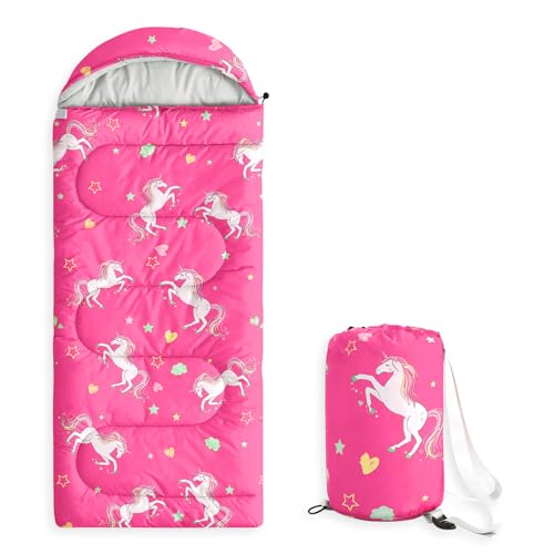Wake In Cloud - Kids Sleeping Bag for Girls Toddlers, Camping in Warm Cold Weather, Backpacking Lightweight Compact Outdoor Liner for 3 Seasons, Unicorns Stars Hearts - color: Hot Pink