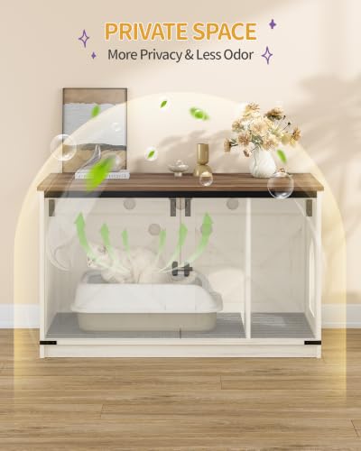 Hzuaneri Cat Litter Box Enclosure, Hidden Litter Box Furniture with Divider | Wooden Cat Cabinet with Removable Dividers, Reversible Entrance Left or Right Side, Cat Washroom, Rustic White Brown CB84614X - color: Rustic White and Brown, size: 31.5"L x 21.