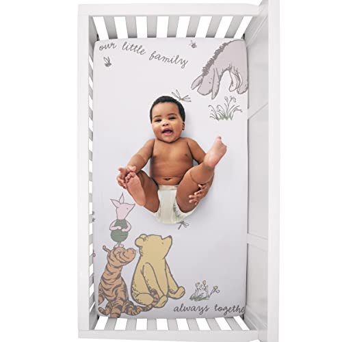 Disney Classic Pooh Naturally Friends Ivory and Taupe 100% Cotton Photo Op Fitted Crib Sheet - color: Pooh Naturally Friends