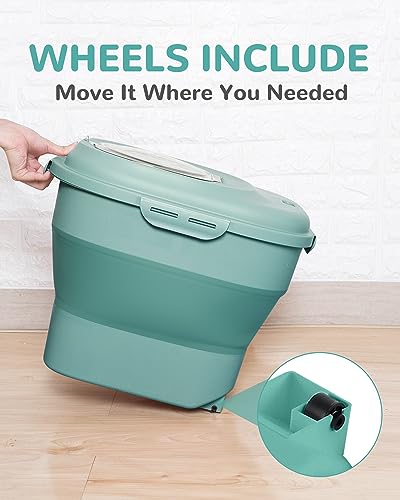 30-35Lbs Dog Food Storage Container Airtight,Collapsible Dog Food Container | Large Pet Food Storage Container with Double Airtight Seal & Magnetic Lid,Cat Food Container with Wheels,2Pcs Container,Scoop - color: Green