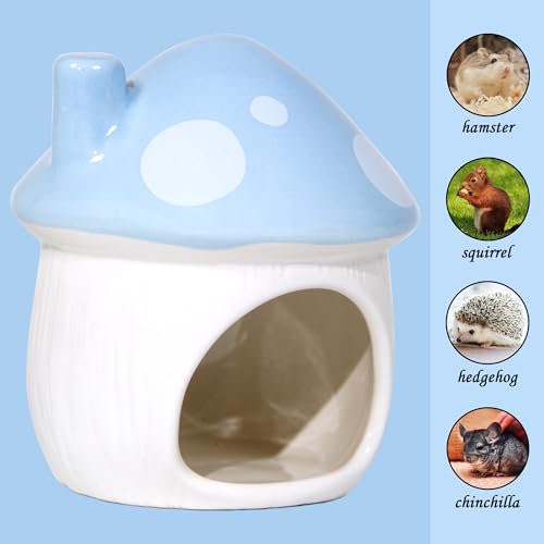 Ceramic Mushroom Hamster Hideout - Hamster Habitat for Hamsters Chinchillas Hedgehogs and Gerbils Mouse Small Pet Guinea Pigs House Hamster Bed (Blue) - color: Blue