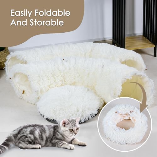 Peekaboo Cat Cave with Washable Mat, Collapsible Cat Play Tunnel for Kittens & Small Pets, Plush Cat Donut Bed Tunnel, Beige - color: Beige