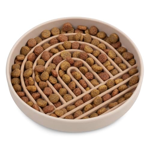 Slow Feeder Dog Bowls - Small Size Silicone Slow Eating Dog Bowl for Puppies & Dogs with Suction Cup -Dishwasher-Safe, Lick Mat Design, Reduces Gulping, for All Breeds, 6”x1.25”- Tan - color: Tan - Rainbow Design, size: Small (6” Across x 1.25” Tall)