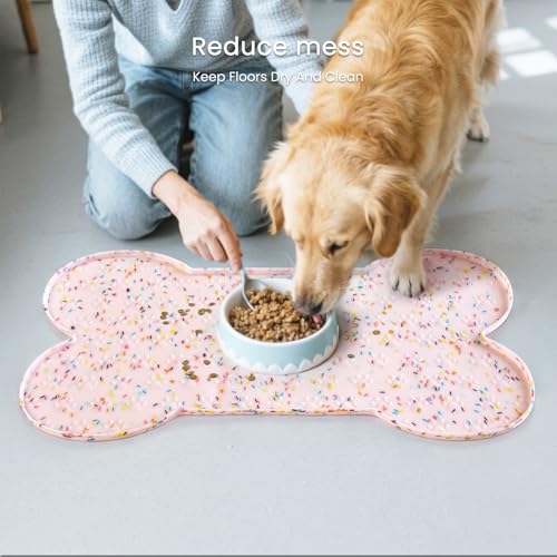 PWTAA Dog Food Mat Anti-Slip Silicone Dog Bowl Mat Thicker Pet Placemat Waterproof Cat Feeder Pad with Raised Edge Puppy Kitten Feeding Mats Suitable Small Medium-Sized Dogs Cats Eating Tray - color: Donut Pink, size: 19.4" x 9.8"