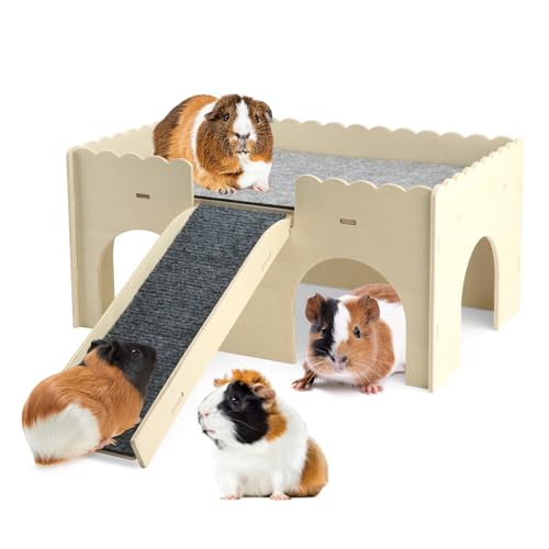 Extra Large Wooden Guinea Pig House Castle with Ramp and Fleece Mat, 2-Story Detachable Chew Proof Small Animal Hideout Hut, Easy to Assemble Wooden Hideaway for Bunny, Hamster, Chinchilla, Beige