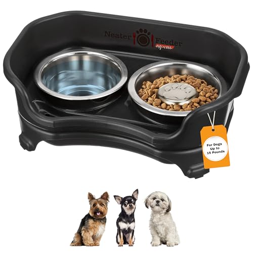 Neater Feeder Express Mess Proof Dog Bowls Elevated for Small Breed – Made in USA – No Spill Raised Slow Feeder Elevated Dog Bowl Stand, Stainless Steel Food and Water Bowl Set, Black - color: Midnight Black, size: Small w/ Metal Slow Feed Bowl