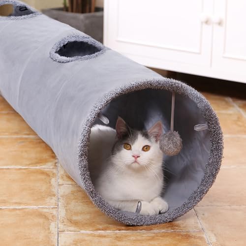 PAWZ Road Cat Tunnel 51 Inches Long Cat Toys Collapsible Tunnel 12”Diameter | Large Cats Tube for Big Cats,Rabbits and Puppy Extra Long Cat Play Tunnel Straight with 2 Peepholes for Indoor&Adult Cats