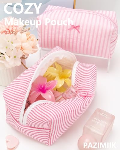 PAZIMIIK Cozy Makeup Bag for Women,Zipper Cosmetic Pouch,Stripe Candy Pink | Soft Cosmetic Organizer for Makeup,Skincare,Toiletries,Daily Beauty Essentials,Purse,On-the-Go,Bridesmaid Gifts - color: Stripe Candy Pink