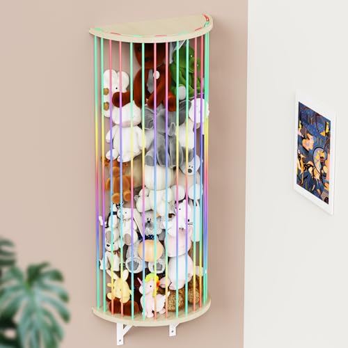 Stuffed Animal Storage Hammock Wooden Half Circle Design Wall Hanging Plush Toy Organizer for Kids Room Decor, Plush Net Hammock Playroom Nursery Stuffed Animal Corner Net Shelf - style: Rainbow semicircle