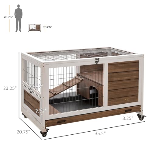 PawHut Wooden Rabbit Hutch Indoor Outdoor, Elevated Bunny Cage with No Leak Tray Enclosed Run with Wheels, Ideal for Guinea Pigs and Small Animals, Brown | No Leak Tray Enclosed Run with Wheels, for Rabbits, Chickens, Ducks, Guinea Pigs and Small Animals