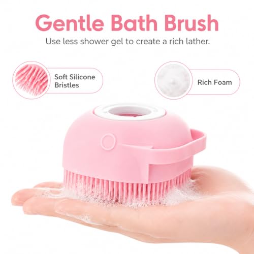 Dog and Cat Bath Brush with Shampoo Dispenser, Silicone Pet Grooming Brush for Dogs Cats, Soft Massage Scrubber for Bath, Easy Clean Ergonomic Pet Shower Brush for Small Medium Pets Pink - color: Pink