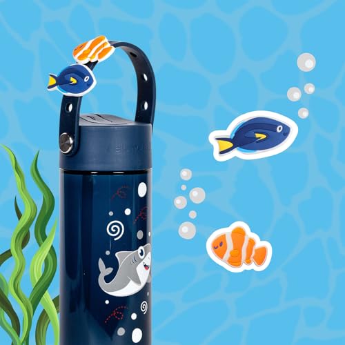 Elemental Water Bottles for Kids - Splash Kids Water Bottle for School with Fun Charm Handle - BPA Free Tritan Plastic Bottle with Straw Leak Proof When Spout is Closed - 18oz - Shark Friends - color: Shark Friends