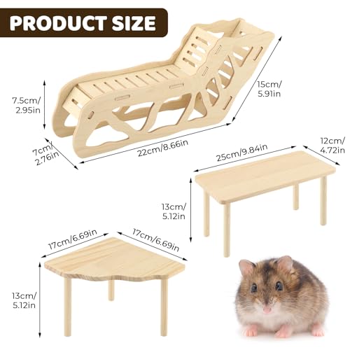 3 Pack Wooden Hamster Play Platform, 3-in-1 Natural Small Pet Playground with Tunnel, Ladder & Hidden Rest Area, Wooden Support Column Cage Accessories for Hamsters, Squirrels & Tiny Pets