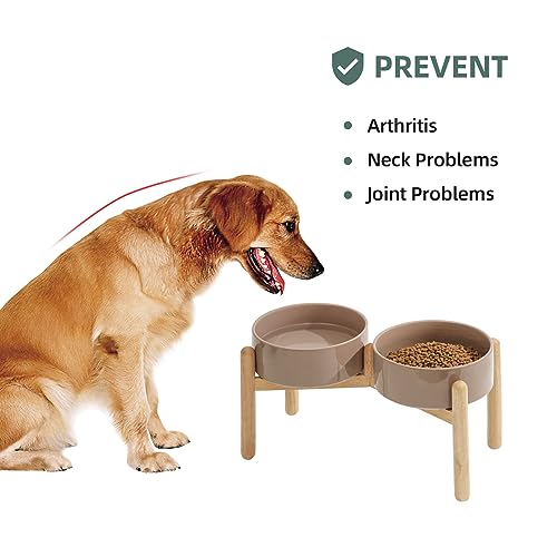 Havniva Elevated Dog Bowls Ceramic Dog Bowls with Stand, Dog Food Bowl | 8.3” Raised Dog Bowls with Non-Slip Wood Stand, Dog Food and Water Bowl Set, Double Dog Feeding Bowls for Large Dogs - color: 2 Bowls+Stand - Brown Coffee, size: 8.3inch