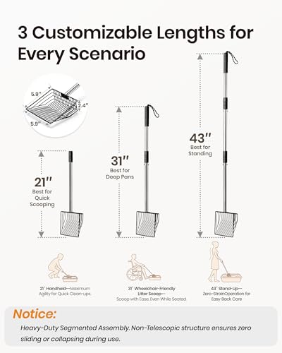 Cat Litter Scoop with Holder 43" Metal Litter Scooper with Stainless Steel Long Handle, Large Kitty Box Scooper Heavy Duty Deep Shovel for Fast Sifting, Dog Waste Scooops for Outside Pet Poop - size: Upgraded Long Handle