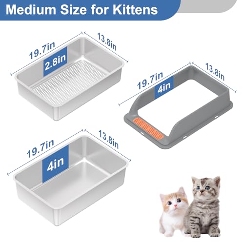 Stainless Steel Sifting Litter Box with Lid, Medium Sifting Cat Litter Box for Pine Pellets & Big Cats,Metal Pellet Sifter Litter Pan System for Odor Control,Sifting Box Liners & Scoop - size: M:19.7''×13.8''×8''