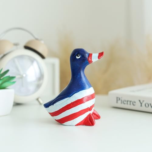 Hand Carved Wooden Duck Figurine, Handmade Duck Statue, Rustic Farmhouse Home Decor, Wooden Animal Sculpture, Unique Gift for Duck Lovers (Vingtage White/Red/Blue Duck) - color: Vingtage White/Red/Blue Duck