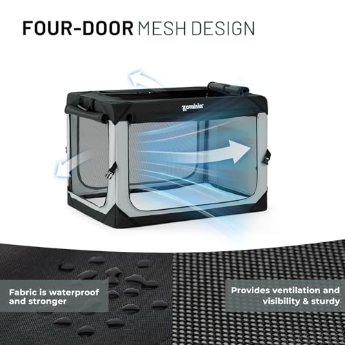 ZOMISIA 36 Inch Collapsible Dog Crate for Large Dogs, Travel Dog Crate Grey | Portable Dog Crate Soft Sided, Easy Fold & Setup Kennel, Indoor & Outdoor, Breathable Mesh Windows, Built-in Leash, Plush Pad - size: 36.0"L x 25.0"W x 25.0"H