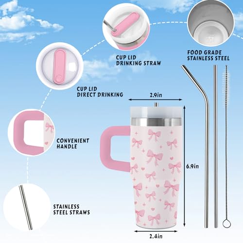 Bow 14 oz Tumbler, with Handle Straw, Stainless Steel Travel Cup | 14 oz Insulated Water Bottle, Travel Vacuum Coffee Mug, Thanksgiving Christmas Birthday Gift for Daughter, Bow Lover Gifts - color: Bow-Pink