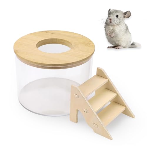 ASTIMESA Plastic Hamster Sand Bath Container with Ladder, Clear Hamster Litter Box Tub Wood Cover for Chinchilla Pet Gerbil Guinea Pig Digging Small Animal House Round