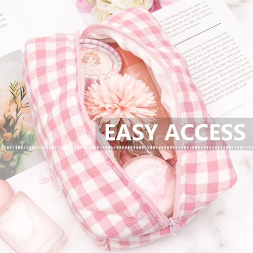 PAZIMIIK Cozy Makeup Bag for Women,Zipper Cosmetic Pouch,Checkered Pink | Soft Cosmetic Organizer for Makeup,Skincare,Toiletries,Daily Beauty Essentials,Purse,On-the-Go,Bridesmaid Gifts - color: Checkered Pink