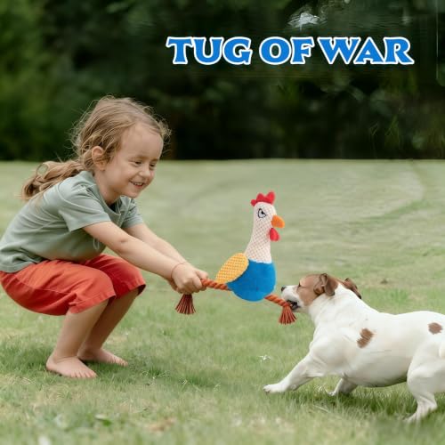 Plush Chicken Dog Toy with Squeaker and Crinkle Paper for Small Dogs | Soft plush texture with rope details, great for tugging, tossing, indoor play and creating fun bonding moments with pets. - color: Blue Rooster