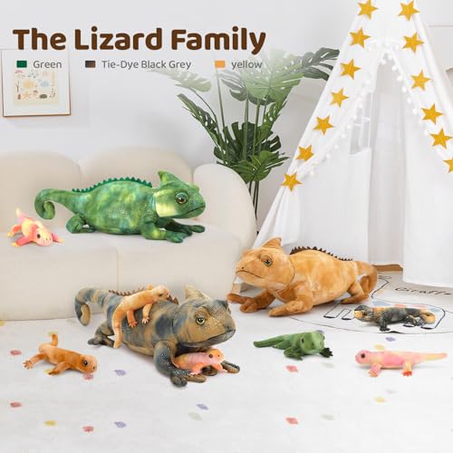Lizard Stuffed Animal with 4 Babies, 27“ Gray Chameleon Plush Toy | Soft Reptile Plushies; Zipper Belly Storage; Hide-and-Seek Pretend Play; Birthday and Christmas Gift for Kids - style: Lizard Gray