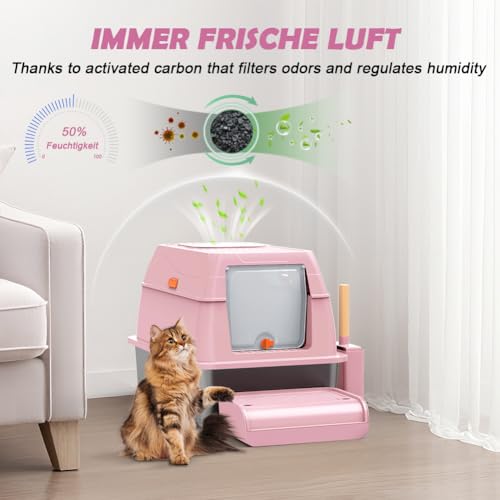 SZEE XL Stainless Steel Litter Box with Lid, Extra Large Metal Covered Litter Box, Stainless Box Easy Clean, Activated Charcoal Odor Control Design, Includes Litter Scoop & Mat & Step, Pink - color: Pink