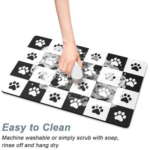 Rnivvi Dog Food Mat, 12" x 19" Footprint Absorbent Dog Cat Bowl Mat for Food and Water, Cute Anti-Slip Rubber Pet Feeding Rug Protect Floors, Puppy Placemat for Feeding & Watering Supplies,Black White - color: A-Black White Footprint, size: 12"x19" (Regul