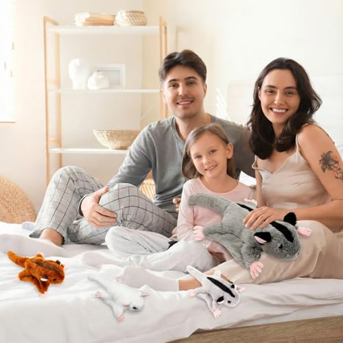 Hollowfly 5 Pcs Sugar Glider Family Stuffed Animal Set 18.5 Mommy Sugar Glider Plush Toy Long Tail with 4 Cute Babies Zippered Belly Inside Nurturing Gifts for Kids Adults Holiday Birthday Christmas - style: Sugar Glider
