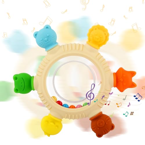 Baby Teething Rings Toys for 0-6 6-12 Months Animal Rattle Teether Toy | Sensory Toys for Babies 0-24Months Silicone Teether Relief Chew Soothing Sore Gums for Newborn Infant Essentials BPA Free