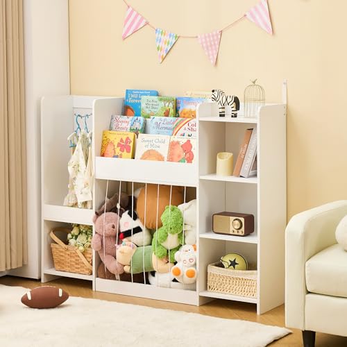 Kids Toy Storage Organizer with Bookshelf, Toy Shelf with 4 Open Cubbies, Clothing/Racket Hanging Hook Area & Stuffed Animal Cage, Large Wooden Organizer Storage Chest for Playroom Bedroom Nursery