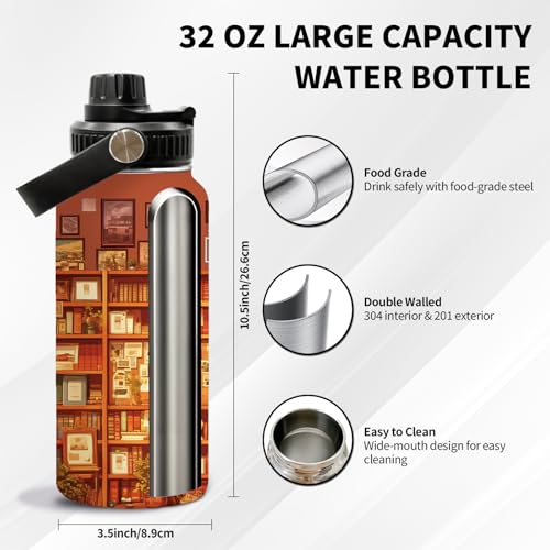 Book Lovers 32oz Water Bottle, Leak-proof Bottle, Insulated Cup | 32oz Insulated Tumbler, with Handle & Lid Reusable Coffee Mug, Christmas Birthday Gift for Book Lovers Readers - color: Bookshelf Red1