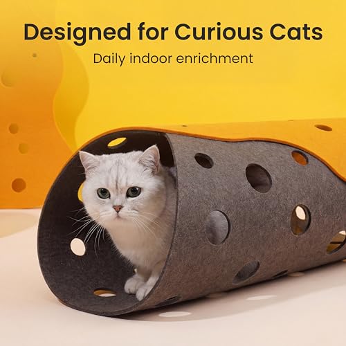 ZEZE Cheese Cat Tunnel for Indoor Cats, Felt Peek Hole Hide Tunnel Toy with Snap Buttons, Foldable Interactive Cat Play Mat for Hide & Seek and Indoor Enrichment