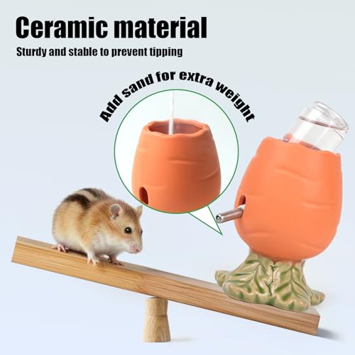 80ML No Drip Ceramic Hamster Water Bottle for Glass Tank, Stable | Cute Carrot Shape Chew Proof Ceramic Water Dispenser, Heavy Duty Stand Holder for Syrian Dwarf Hamster, Mice, Rat - color: Orange