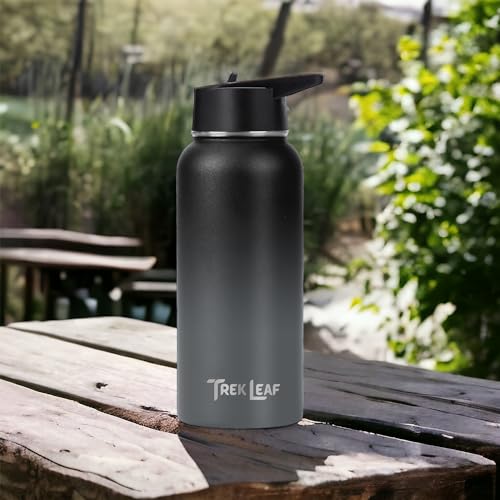 Travel Water Bottle with Carrying Bag, 3 Lids (Spout, Straw, Flip), and Bottle Brush; Leak Proof, Quality, Vacuum Insulated, Stainless Steel (Charcoal Fog, 32 oz) - color: Charcoal Fog, size: 32 Ounces