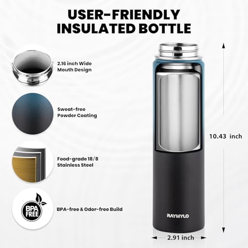 RAYMYLO Insulated Water Bottle 24 oz, Triple Wall Vacuum Stainless Steel | (Cold for 24Hrs, Hot for 12Hrs), Leak Proof & Non-BPA, Modern Water Flask Jug with Paracord Handle & Straw Spout Lids