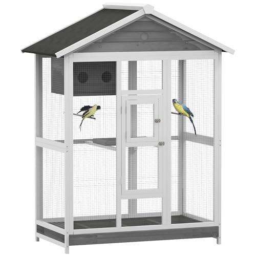 PawHut 64.5" Wooden Bird Cage Aviary, Flight Cage with 4 Perches, Nest and Slide-Out Tray for Indoor/Outdoor, Gray | 4 Perches, Nest, Slide-Out Tray