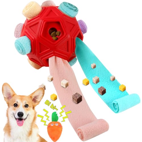 Dog Snuffle Ball-Interactive Puzzle Dog Toys Encourage Natural Foraging Skills Slow Feeder for Training and Stress Relief, Cloth Strip Hiding Food Dog Toys for Any Size Dogs (Red Macaron) - color: Red Macaron