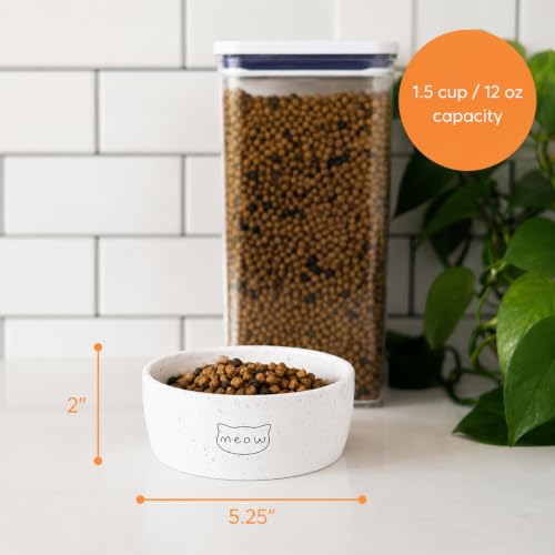 Pearhead Meow Ceramic Cat Bowl, Holds 1.3 Cups, Small Food and Water Bowl for Cats, Pet Dish, Microwave and Dishwasher Safe (Pack of 12) - color: Speckled "Meow", size: Single Bowl (Pack of 12)