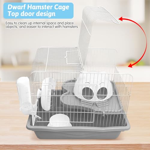 PINVNBY Dwarf Hamster Cage, Small Animal Cages, 2-Tier Travel Portable Mouse Cage Hamster Carrier with Castle House Running Exercise Wheels, Water Bottle and Food Dish（Gray） - color: Gray, size: L: 13.78x10.23x11.02in