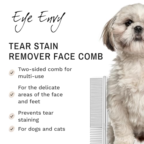 Eye Envy Tear Stain Remover Comb for Dogs and Cats. Fine/Coarse with 80 Rounded Pins. Gently Remove Crusty Eye Debris, Gunk and Boogers. Face and Feet Comb. Remove Tangles