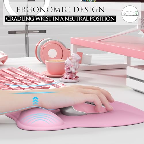 MROCO Ergonomic Mouse Pad with Gel Wrist Rest, 9.4 x 8.1 in, Pale Pink | Ergonomic Shape Design, Multiple Pattern Options, Gel Wrist Comfort, Smooth Lycra Surface, Non-Slip PU Base - color: Pale Pink