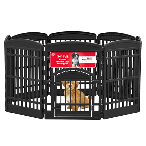 IRIS USA 8-Panel Dog Playpen, Pet Enclosure, Black | Pet Containment, Multi-Shape Setup, Flexible Boundary, Custom Pen Configuration, Tool-Free Assembly, Secure Door Latch - color: Black, size: 8 Panel - 34" H