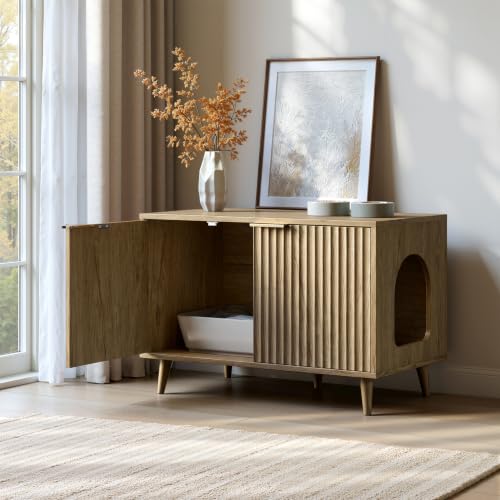 Evermagin 31.5" Cat Litter Box Enclosure Furniture with Legs | Oak Hidden Litter Box Cabinet, Modern Indoor Cat House, Fluted Kitty End Table for Living Room, Bedroom, Entryway - color: NA Oak