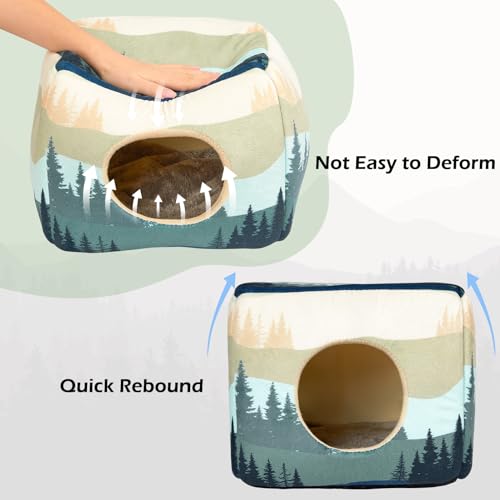 Bienbee Guinea Pig Hideout, Washable Plush House for Small Animals | Guinea Pig House with 2 Wide Entrances, Removable Mat and Non-skid Bottom,Warm and Cozy for Small Pet's Resting and Hiding - color: Forest Landscape